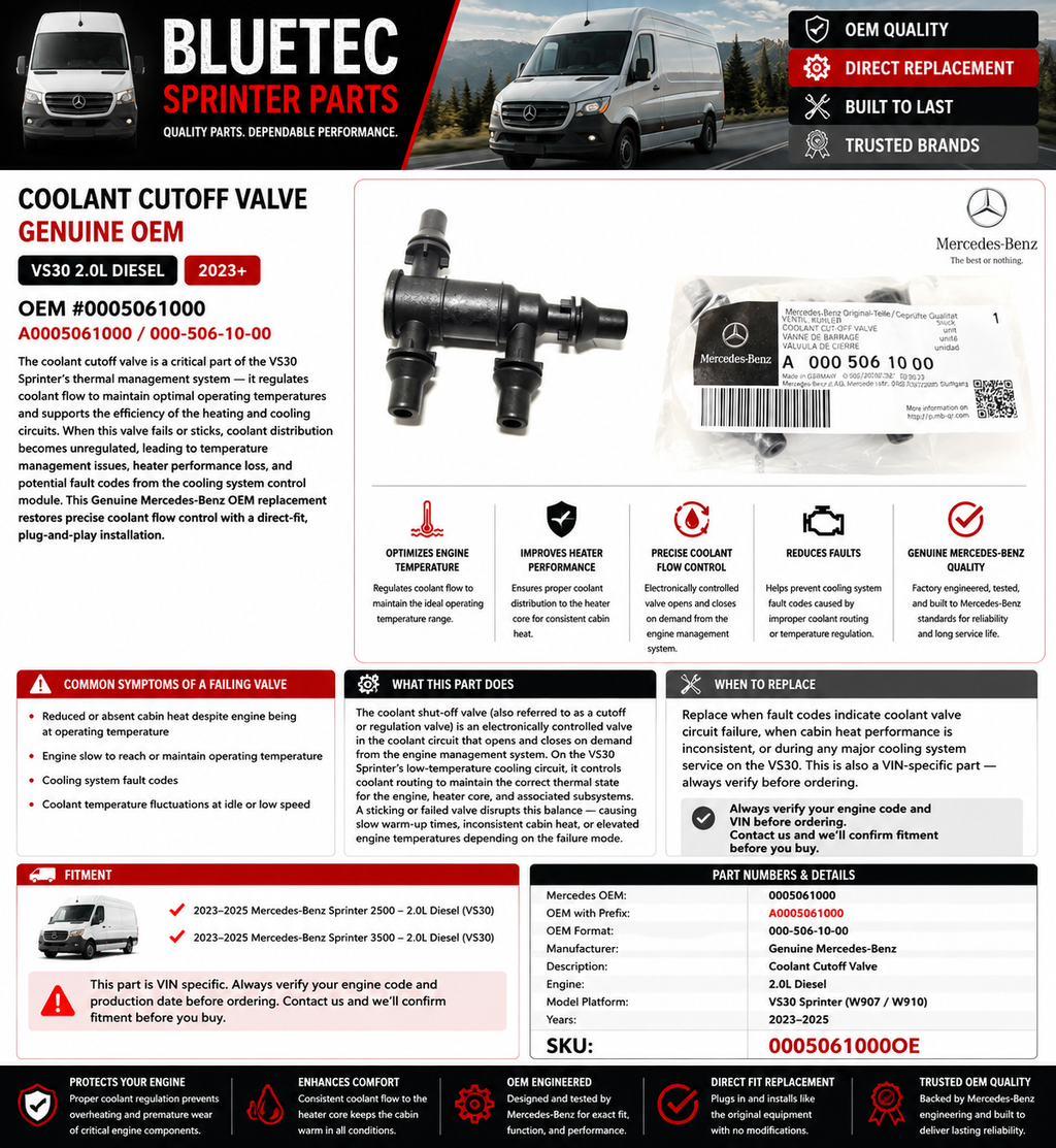 Mercedes Sprinter Coolant Cutoff Valve – Genuine OEM | VS30 2.0L | #0005061000 (2023+)