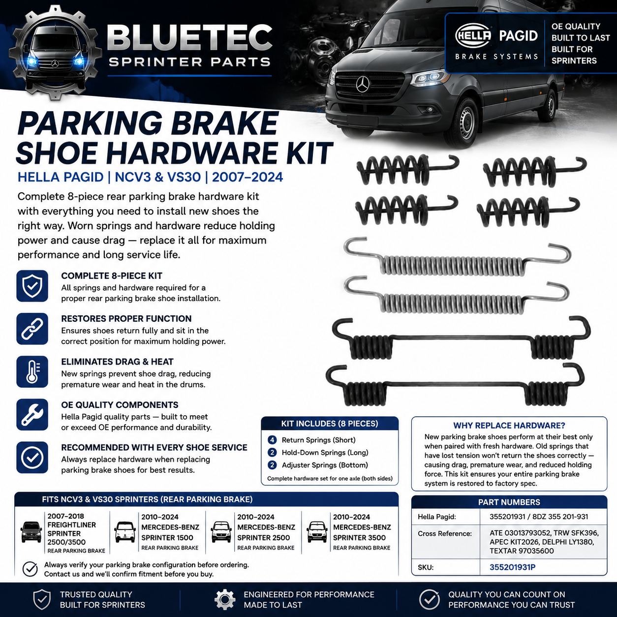 Mercedes Sprinter Parking Brake Shoe Hardware Kit – Hella Pagid | NCV3 & VS30 | #355201931 (2007–2024)