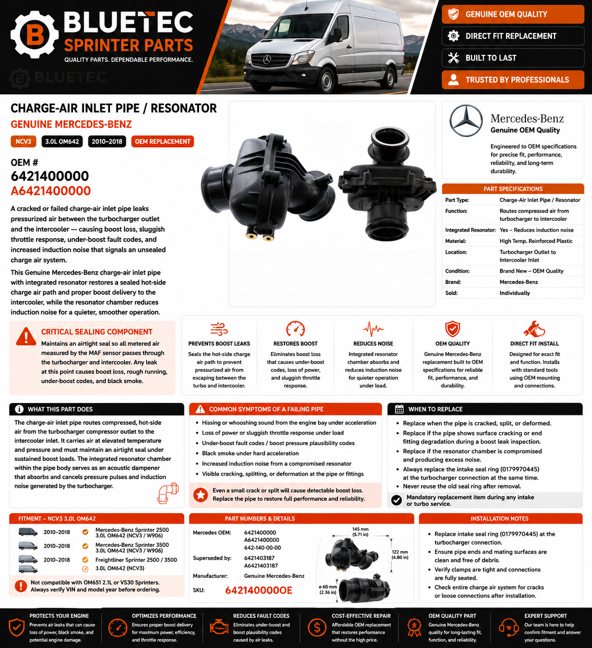 Mercedes Sprinter Charge-Air Inlet Pipe / Resonator – Genuine Mercedes-Benz | NCV3 3.0L OM642 | #6421400000 (2010–2018)