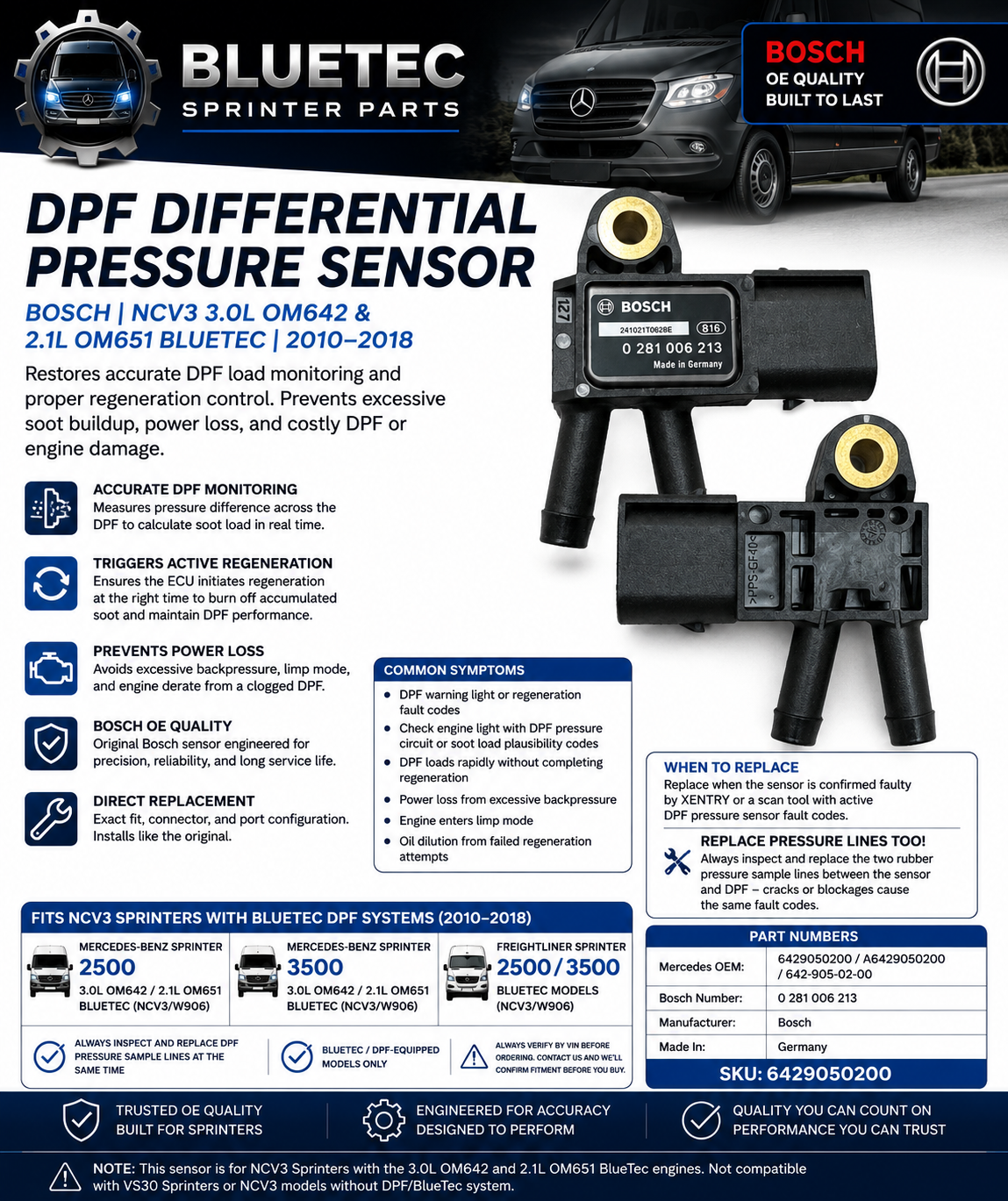 Mercedes Sprinter DPF Differential Pressure Sensor – Bosch | NCV3 3.0L OM642 & 2.1L OM651 BlueTec | #6429050200 (2010–2018)
