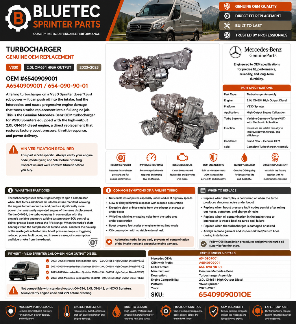 Mercedes Sprinter Turbocharger – Genuine OEM | VS30 2.0L OM654 High Output Diesel | #6540909001 (2023–2025)