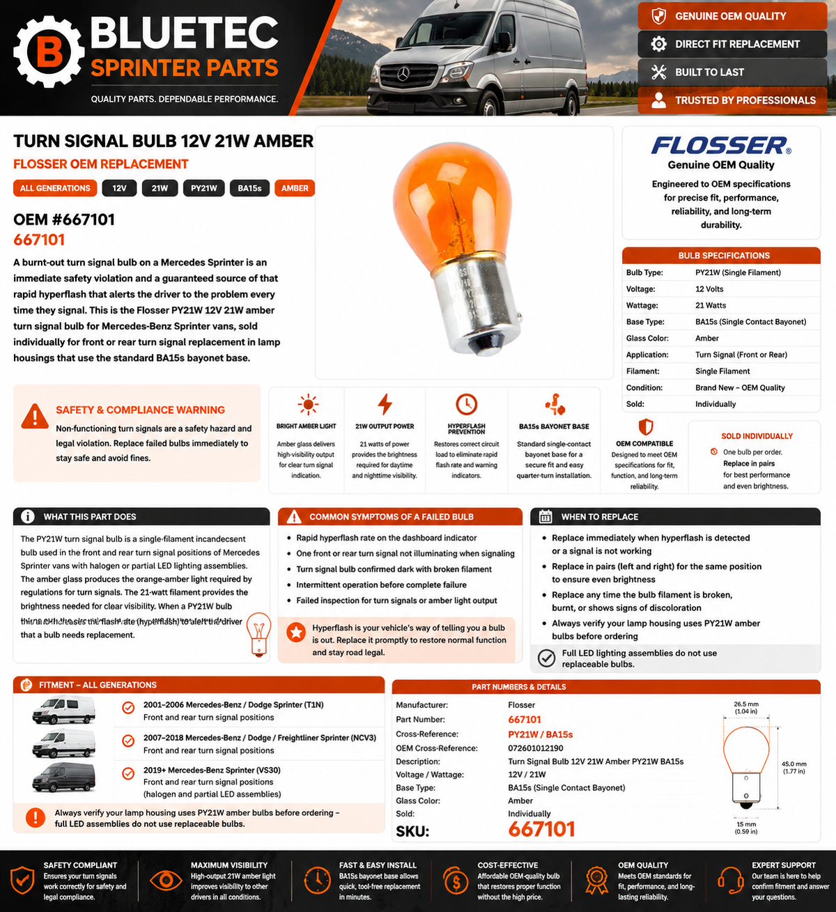 Mercedes Sprinter Turn Signal Bulb 12V 21W Amber – Flosser | All Generations | #667101