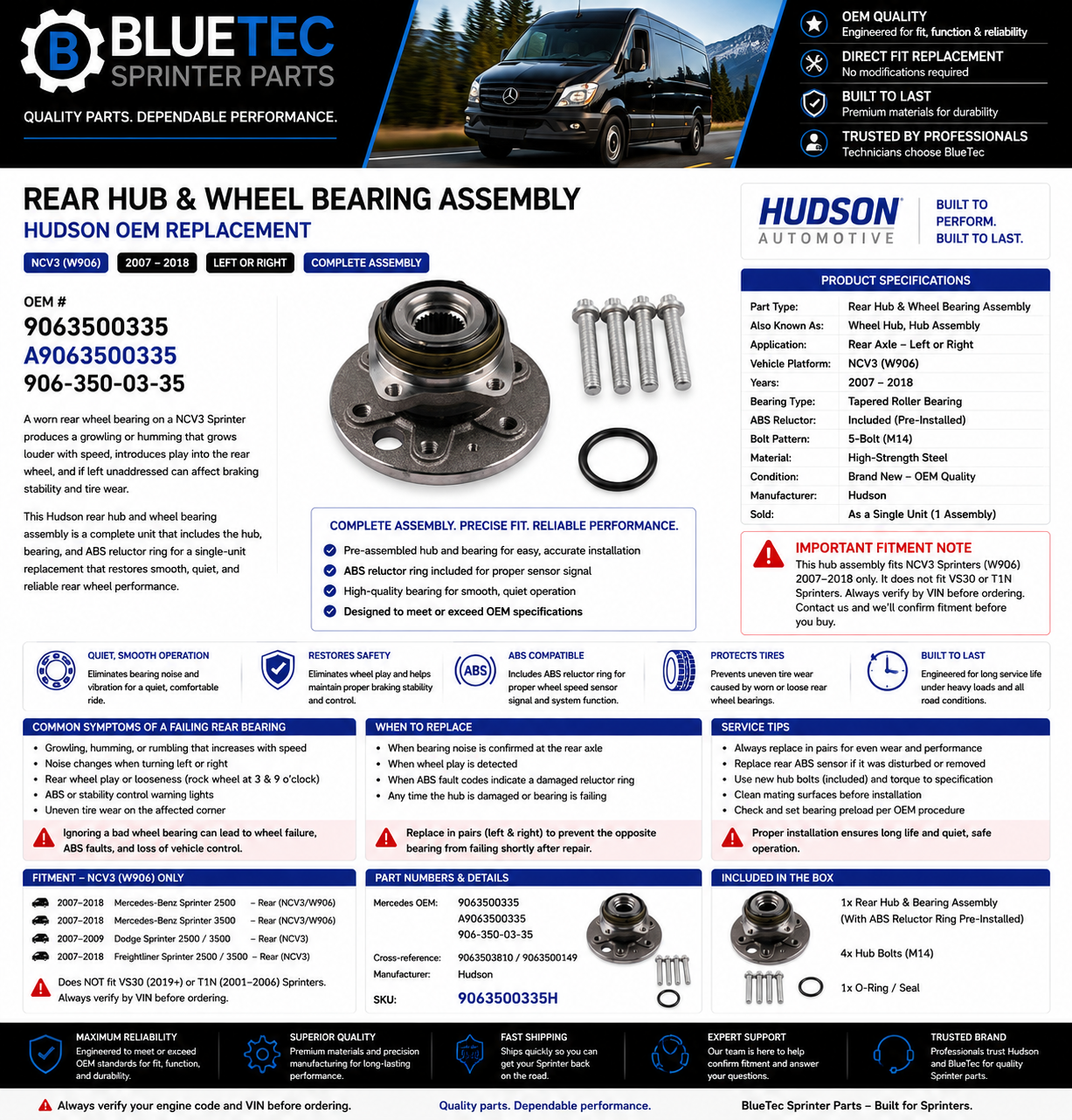 Mercedes Sprinter Rear Hub & Wheel Bearing Assembly – Hudson | NCV3 | #9063500335 (2007–2018)