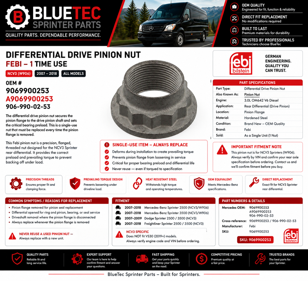 Mercedes Sprinter Differential Drive Pinion Nut – Febi | NCV3 | #9069900253 (2007–2018)