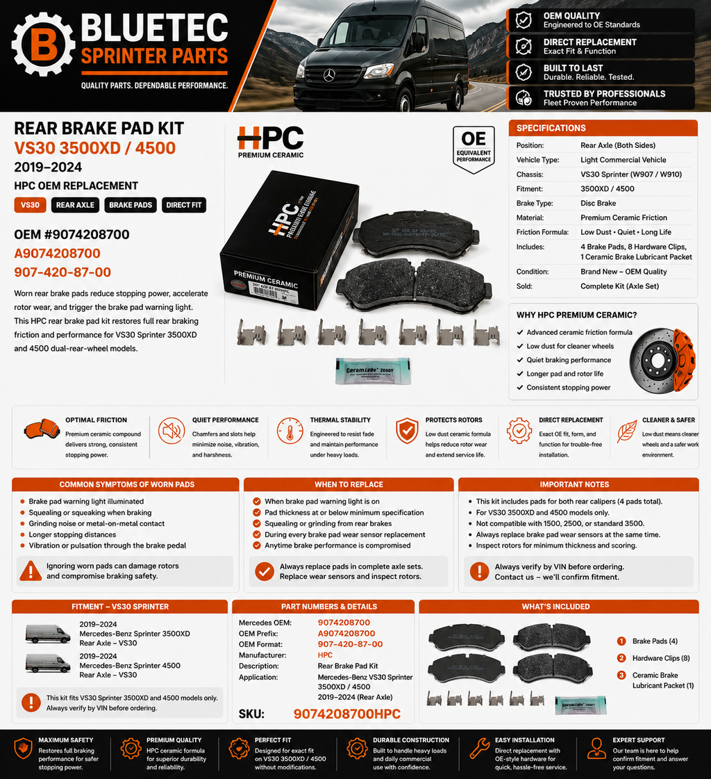 Mercedes Sprinter Rear Brake Pad Kit – HPC | VS30 3500XD / 4500 | #9074208700 (2019–2024)