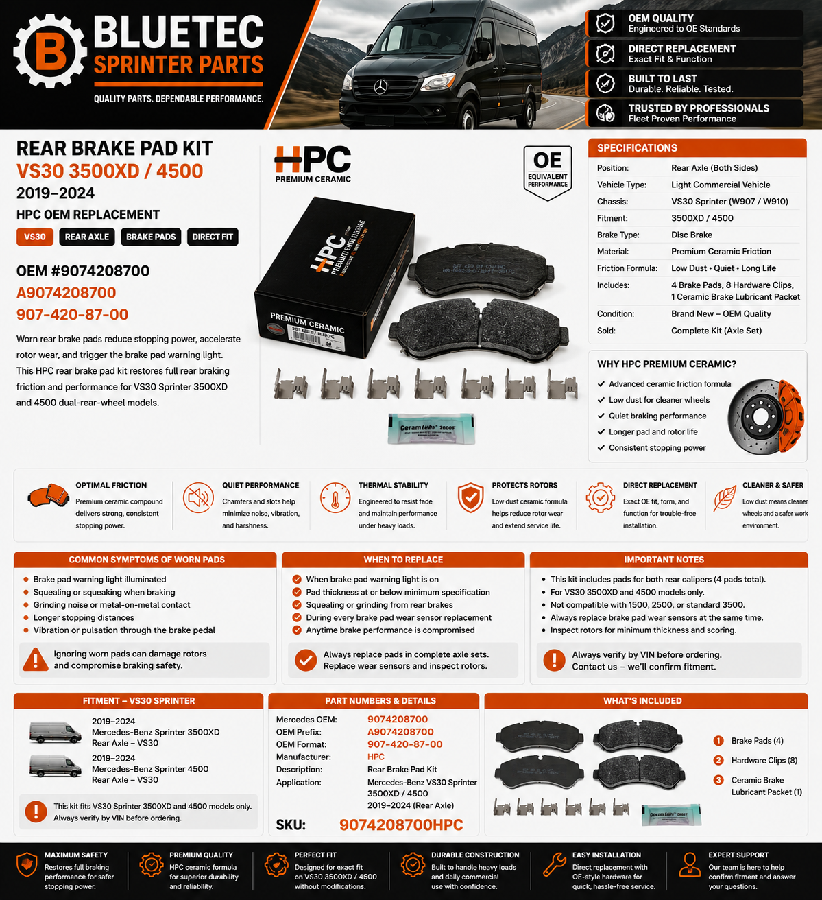 Mercedes Sprinter Rear Brake Pad Kit – HPC | VS30 3500XD / 4500 | #9074208700 (2019–2024)
