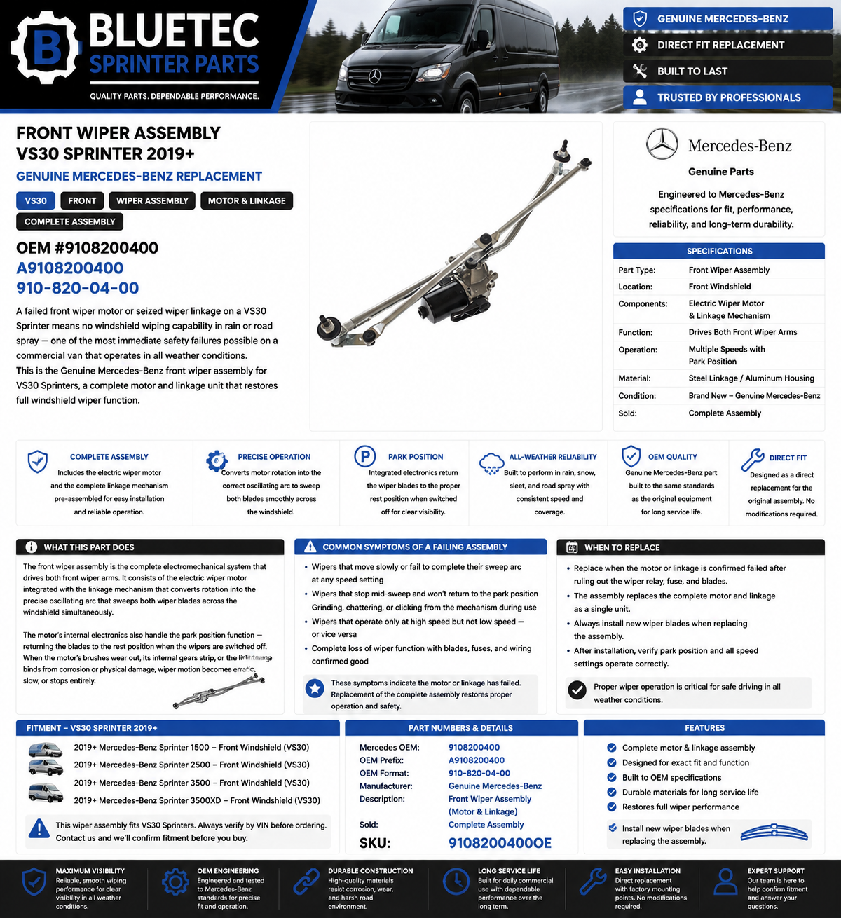 Mercedes Sprinter Front Wiper Assembly – Genuine Mercedes-Benz | VS30 | #9108200400 (2019+)