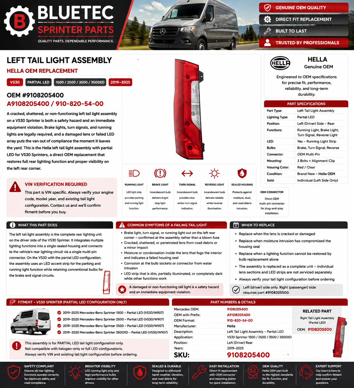 Mercedes Sprinter Left Tail Light Assembly – Hella | VS30 1500 / 2500 / 3500 / 3500XD | #9108205400 (2019–2025)