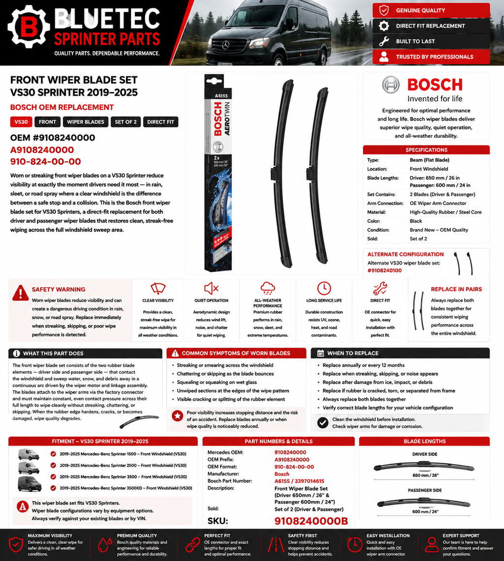 Mercedes Sprinter Front Wiper Blade Set – Bosch | VS30 | #9108240000 (2019–2025)