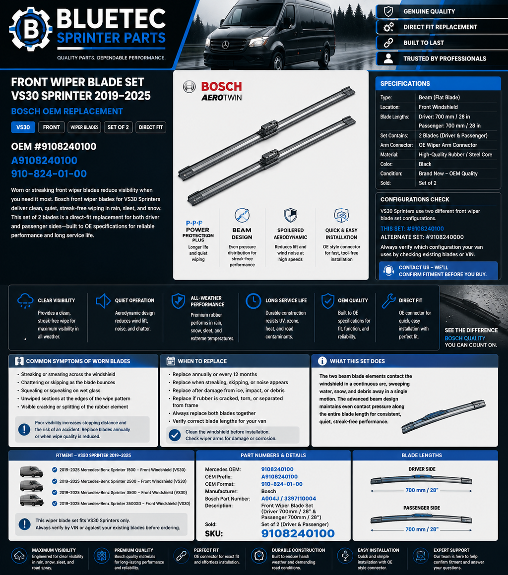 Mercedes Sprinter Front Wiper Blade Set – Bosch | VS30 | #9108240100 (2019–2025)