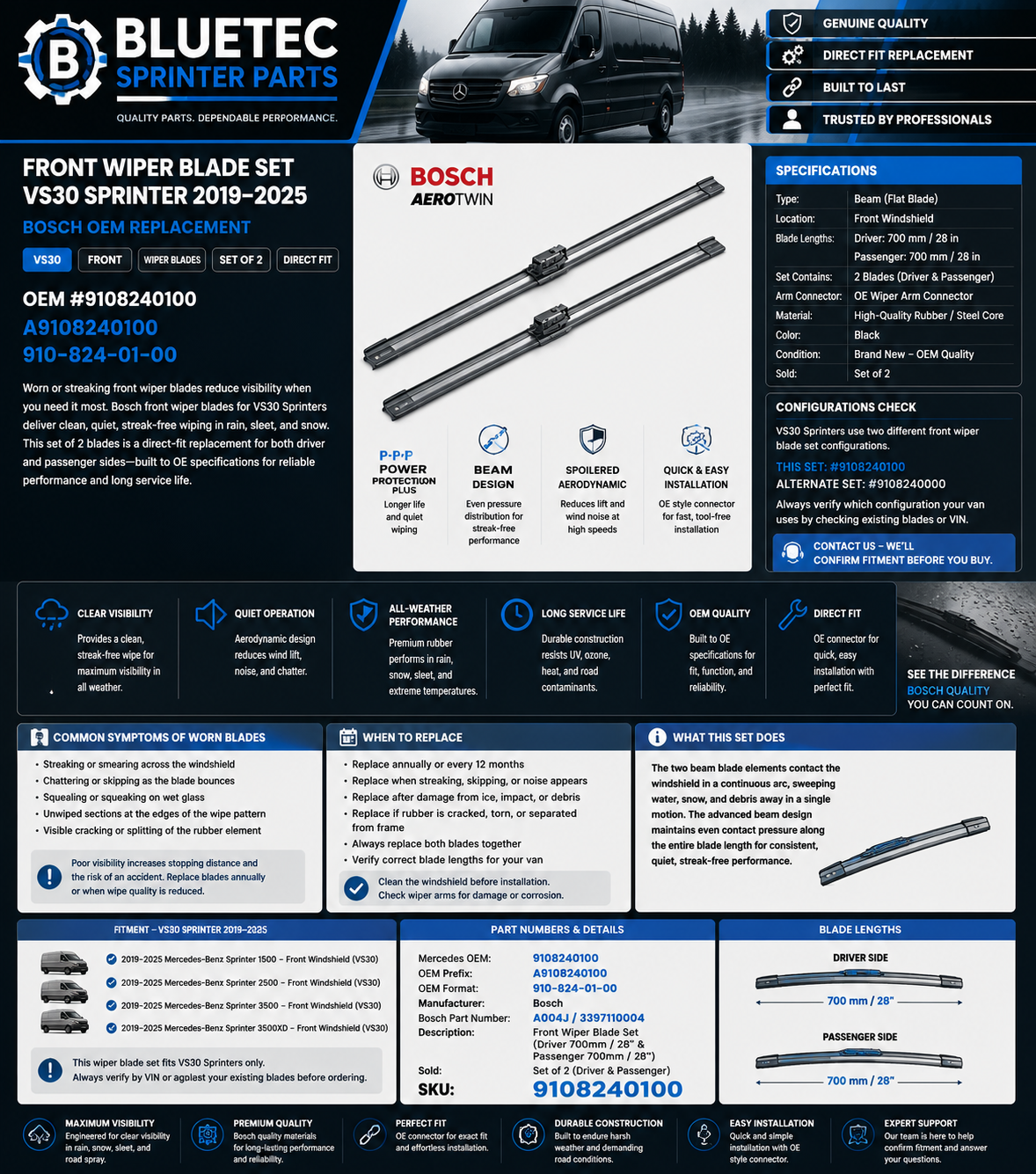 Mercedes Sprinter Front Wiper Blade Set – Bosch | VS30 | #9108240100 (2019–2025)
