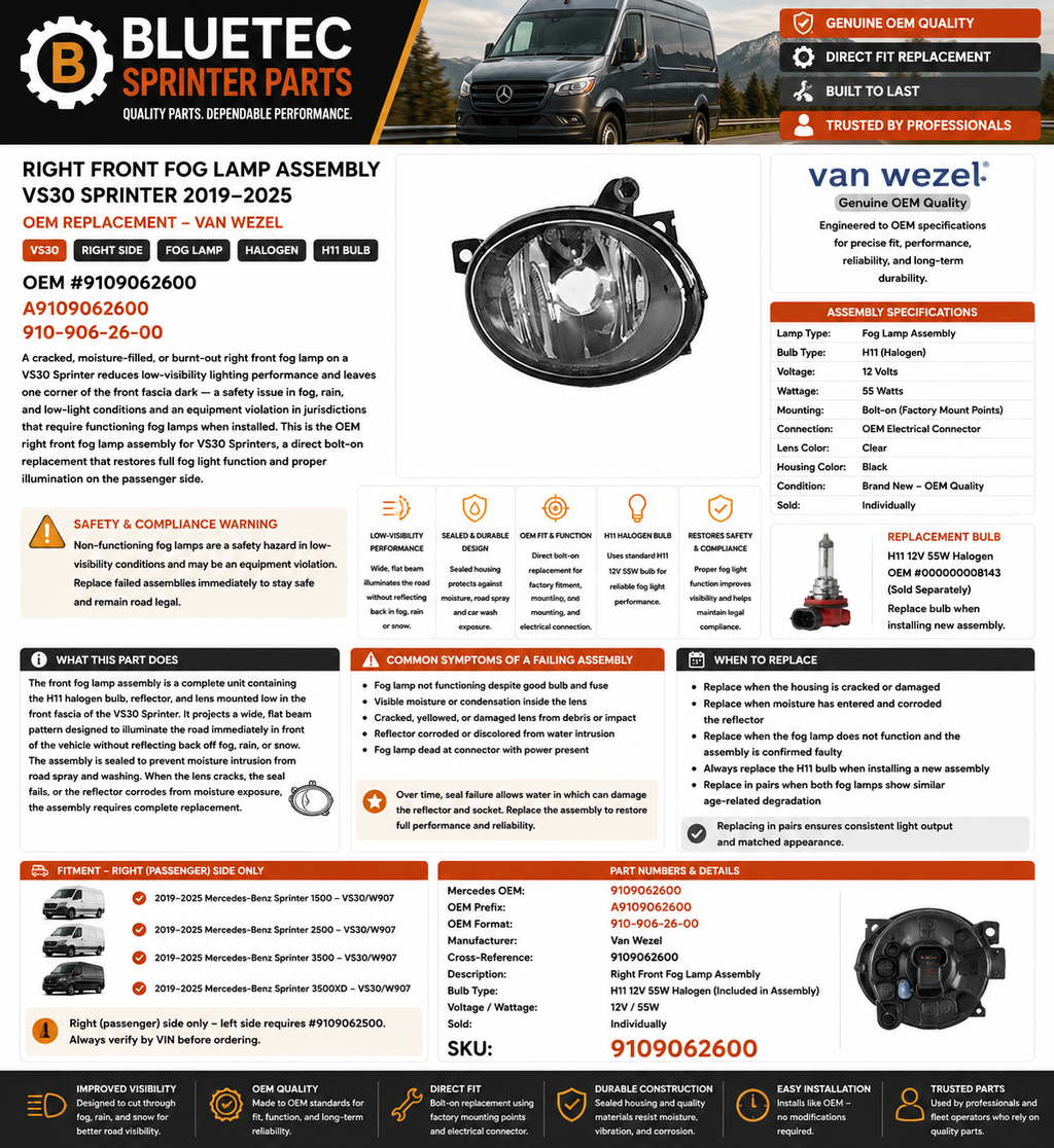 Mercedes Sprinter Right Front Fog Lamp Assembly – Van Wezel | VS30 | #9109062600 (2019–2025)