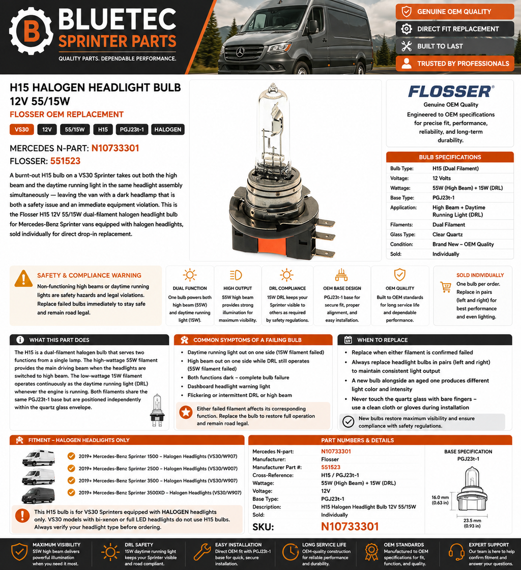 Mercedes Sprinter H15 Halogen Headlight Bulb 12V 55/15W – Flosser | VS30 | #N10733301